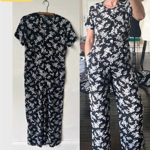 Vintage Black and White Floral Wide Leg Jumpsuit 1990’s Babydoll Grunge Romper
